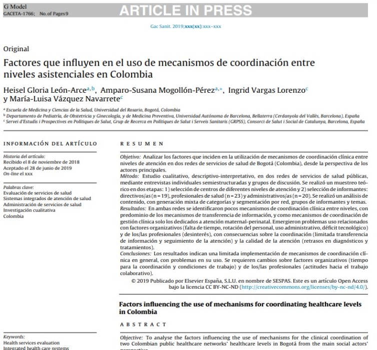 Publication of results of the Equity-LA II project on factors influencing the use of clinical coordination mechanisms in Colombia