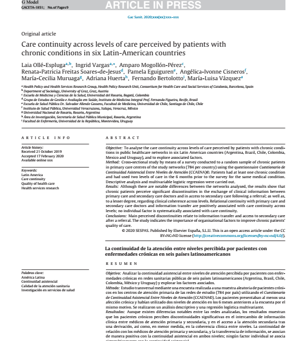 Differences in the continuity of care perceived by patients with chronic diseases in Latin America: a new Equity-LA II publication
